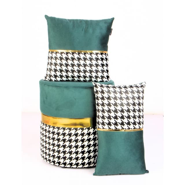 Orka Houndstooth Holland Velvet Fabric Ottoman, Cushions Combo 3